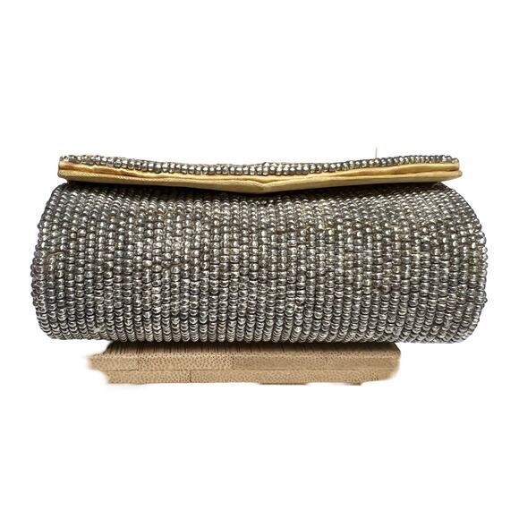 Vintage Black Silver Beaded Lipstick Case Butterfly Pattern Orange Satin Lined - Picture 3 of 6